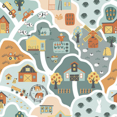 Nursery seamless pattern with hills, farm houses, greenhouses, tractors, animals, and trees. © savvalinka