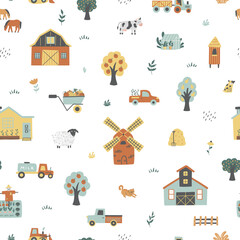 Farm seamless pattern with farm houses, tractors, greenhouses, pets, trees, etc. © savvalinka