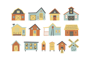 Set of farmhouses, barn, hive, mill isolated on a white background.