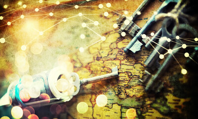 Adventure search retro background.Background with compass, vintage key, vintage tone on ancient world map.