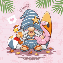 Happy Summer With Cute Gnome, Surfboard, Ball, Orange Juice, And Flamingo Float On Pink Background
