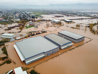 Sarajevo, Bosnia and Herzegovina, November 2021: Flooded industrial zone. Buildings. River floods. 