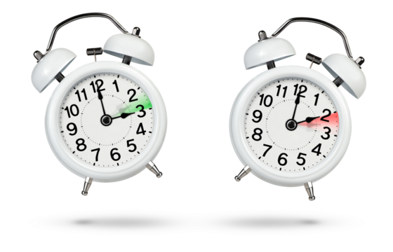 Change time. Winter and summer time concept isolated on white background. Change the time in spring and autumn, a white alarm clock indicates a change in time one hour ago, one hour ahead