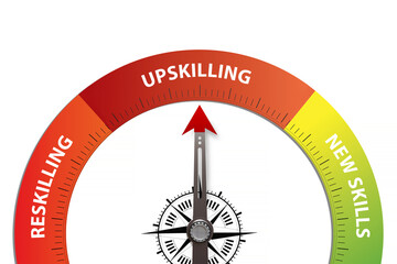 Red compass pointing upskilling. Training concept for upgrading knowledge, learning, finding new skills, reskilling, measuring proficiency. 3D illustration