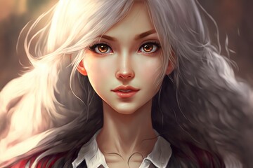 Fototapeta premium A cute anime girl with white hair and light brown eyes, 3d illustration