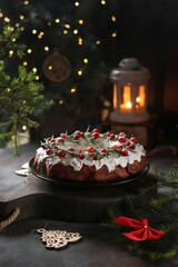 A Christmas cake decorated with white icing, cranberries and rosemary stands on a wooden board, against a dark background, in the background a lantern and bokeh