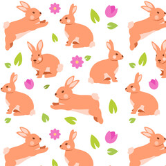 Seamless pattern of cute bunnies and flowers