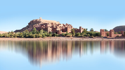 Fototapeta na wymiar Panoramic View on Ait Ben Haddou near Ouarzazate river, Atlas Mountains, Morocco, North Africa 