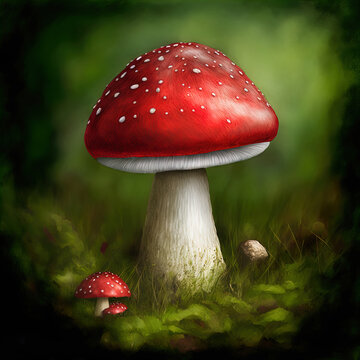Fairytale mushroom. Red cap with white dots. Toadstool. 