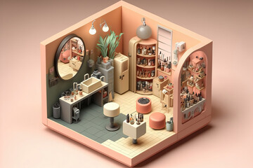 AI generated image of an isometric model or diorama of a hair salon or beauty salon 