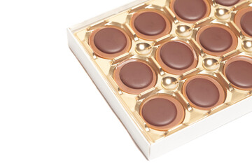 Open Box of chocolate candies isolated