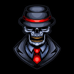skull mafia gangster head vector illustration design with hat, cloak and tie - obrazy, fototapety, plakaty