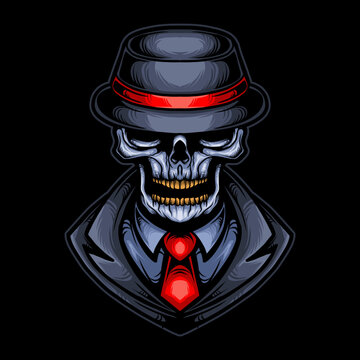 skull mafia gangster head vector illustration design with hat, cloak and tie