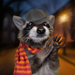 Concept digital art. Funny character raccoon-polosun detective. Paws with claws, a hat on his head, a multicolored yellow-pink scarf around his neck. Illustration in the style of oil painting. Artwork
