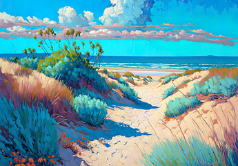 Dune in summer with plants and beach,  watercolor painting of a landscape (dunes, sea),  dune, sea, beach, summer, blue sky, landscape, background, illustration, digital