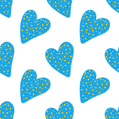 Yellow and blue hearts vector illustration. Stand with Ukraine art. Seamless pattern.
