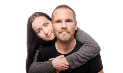 Happy hugging couple in love. Couple on a white background.