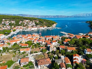Naklejka na ściany i meble Jelsa Croatia town on Hvar drone aerial view