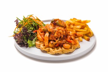 Isolated shot of a plate of waffles, fries, and salad on a white background