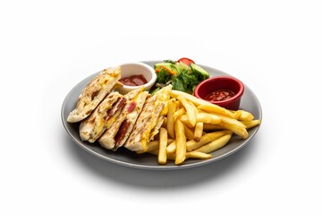 Isolated shot of a plate of sliced bazlama toast with fries and sauce dips on a white background