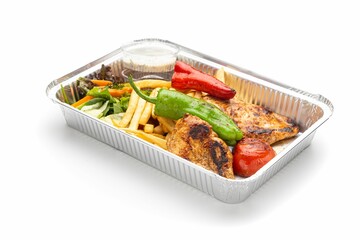 Isolated shot of grilled chicken with spices and fries in an aluminum tray on a white background
