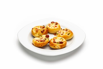 Isolated shot of a plate of little pizzas on a white background