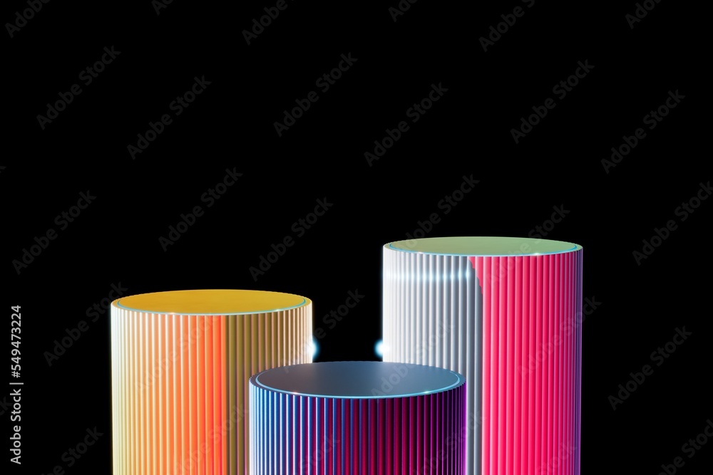 Poster multi-colored round podiums for placing goods or text on a black background. copy paste. 3d render