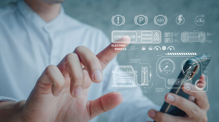 Electric car virtual reality concept with AI(Artificial Intelligence) concept.autonomous car with  driverless.dashboard for autonomous control system Electric car.