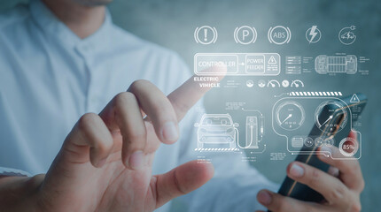 Electric car virtual reality concept with AI(Artificial Intelligence) concept.autonomous car with  driverless.dashboard for autonomous control system Electric car.