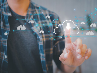 Cloud technology. Data storage. Networking and internet service concept.Hand pressing download...