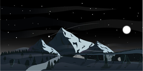 Night mountain summer landscape with stars and the moon in the reflection of the river. Vector illustration