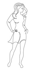 Silhouette of a woman in a modern continuous line style. The girl is slim and beautiful. Lady suitable for aesthetic decor, posters, stickers, logo. Vector illustration.