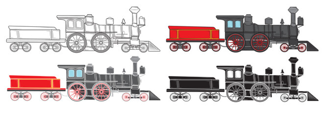 Set of Old steam locomotive in isolate on white background, vector illustration