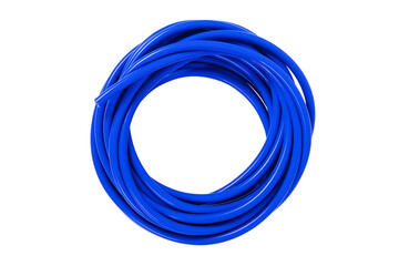 Watering rubber hose in blue color isolated on white background. 