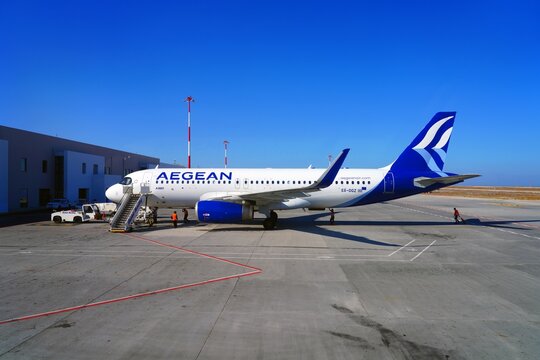 SANTORINI, GREECE &ndash;24 OCT 2022- View of an airplane from Greek airline Aegean Airlines (A3) at the Santorini Thira International Airport (JTR) operated by Fraport.