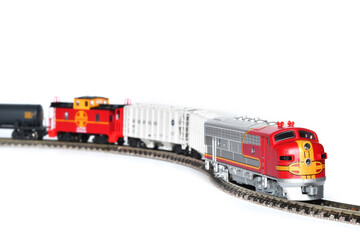 Scale model of a freight train isolated on white background