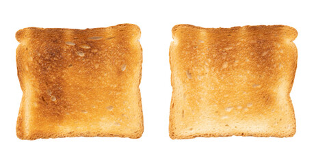 Set of sliced roasted toasts bread isolated on white background. Pieces of lightly toasted white bread. Close-up of toast. Top view.