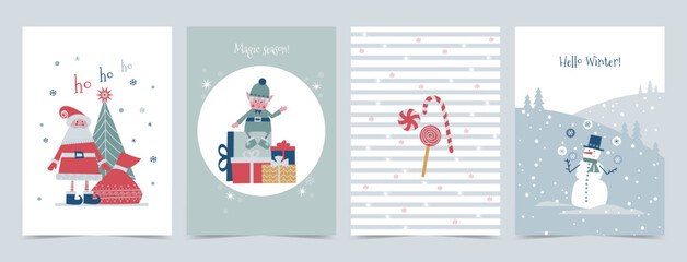 Set of greeting cards, holiday covers for winter holidays with children's plot. Santa with a bag and a Christmas tree, a cute elf with gifts, a snowman in a winter landscape, holiday candies. Vertical