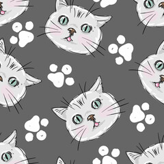 Abstract seamless childish pattern. Girlish repeated backdrop on grey background with text meow, cats and paws. Cute funny kitty style Cartoon wallpaper for girls, textile, wrapping paper.