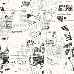 Seamless pattern with collage of newspaper or magazine clippings. Retro style vector background with titles, illustrations and imitation text. Suitable for wallpaper design, wrapping paper, fabric - obrazy, fototapety, plakaty