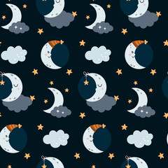 Sleeping crescent moon seamless pattern