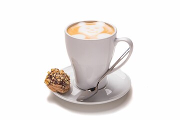 Isolated shot of a mug of latte coffee drink with a cookie on the side on a white background