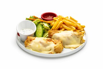 Isolated shot of a plate of cheesy burritos, fries, salad, and sauce dips on a white background