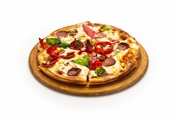 Isolated shot of a pizza with toppings on a wooden tray on a white background