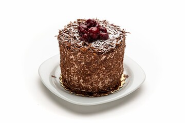 Isolated shot of a plate of chocolate cake on a white background