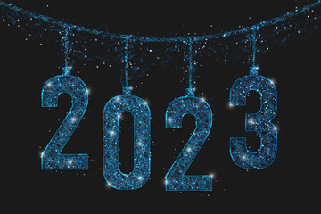 Abstract isolated blue image of new year number 2023. Polygonal low poly wireframe illustration looks like stars in the blask night sky in spase or flying glass shards. Digital web, internet design. © Katsiaryna