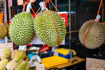 Durian fruit in fruit market in Asia. The durian is the edible fruit of several tree species...