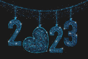 Abstract isolated blue image of new year number 2023. Polygonal low poly wireframe illustration looks like stars in the blask night sky in spase or flying glass shards. Digital web, internet design. © Katsiaryna