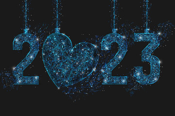 Abstract isolated blue image of new year number 2023. Polygonal low poly wireframe illustration looks like stars in the blask night sky in spase or flying glass shards. Digital web, internet design. © Katsiaryna