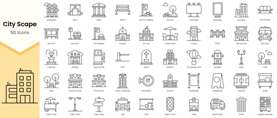 Photo sur Plexiglas Blanche Simple Outline Set of City Scape icons. Linear style icons pack. Vector illustration